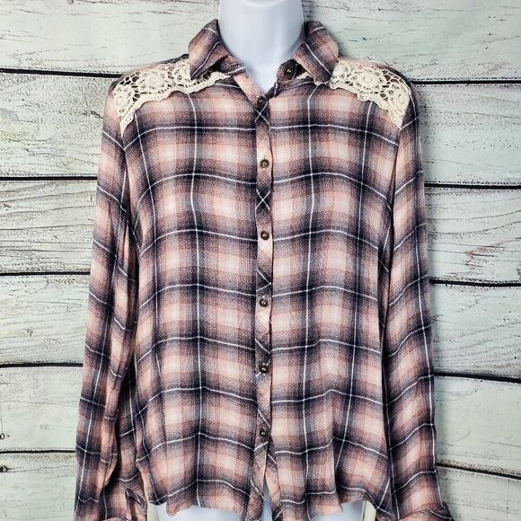 Jolt Women's XL Pink Plaid Button Down Shirt Lace Back Sheer Contrast Long Sleev - Picture 2 of 8